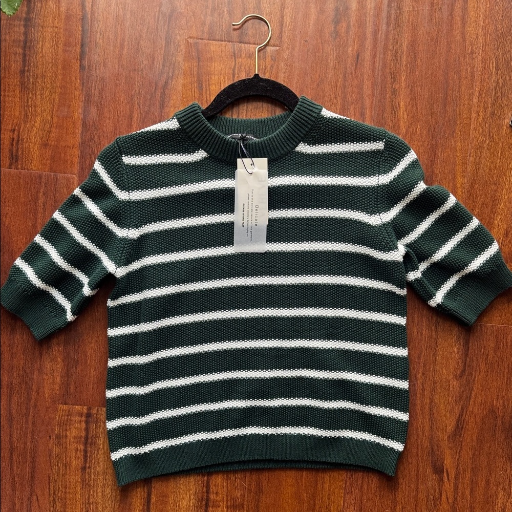 NWT Evereve French Connection Women Crewneck Sweater Dark Green and White Stripe